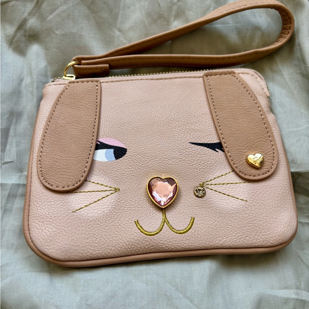 Betsey Johnson Blush Pink Bunny Dog Animal Face Wristlet Clutch Gold Accents